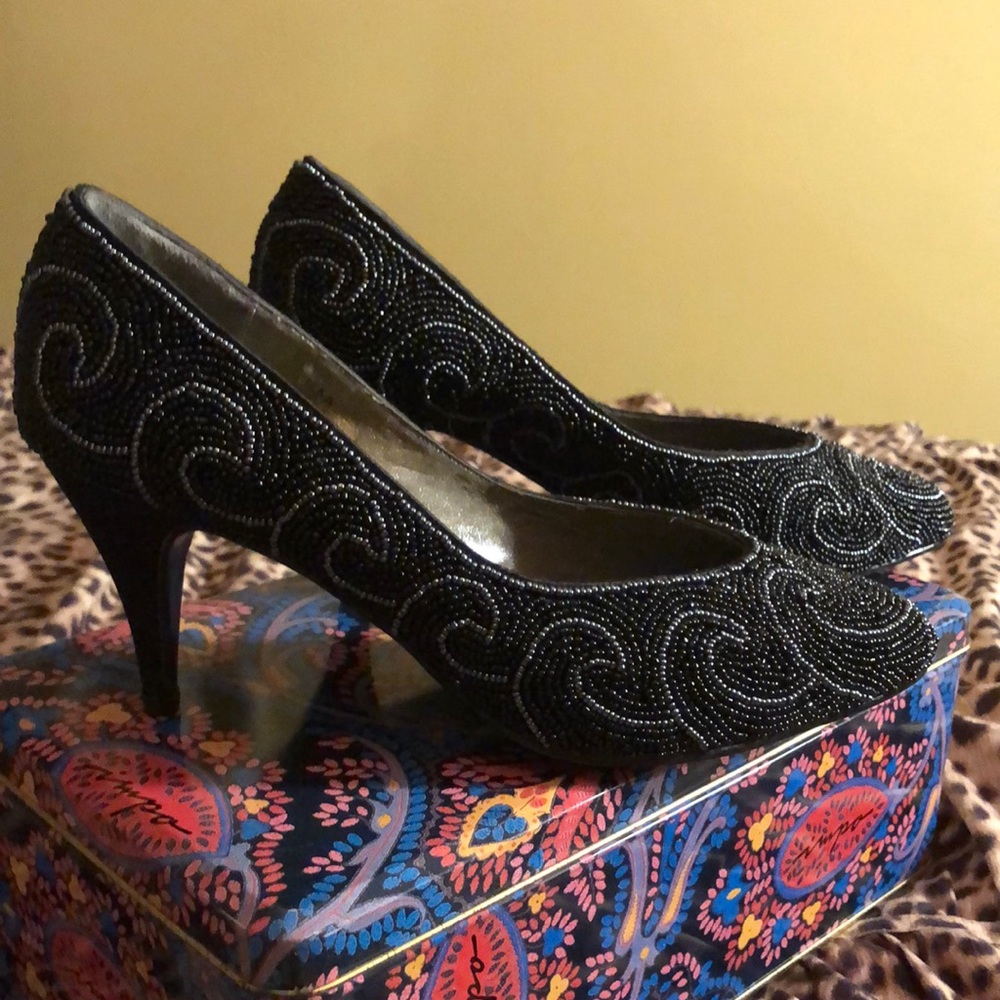 IMPO Vintage Black and Silver Beaded Heels Size 7.5 AA